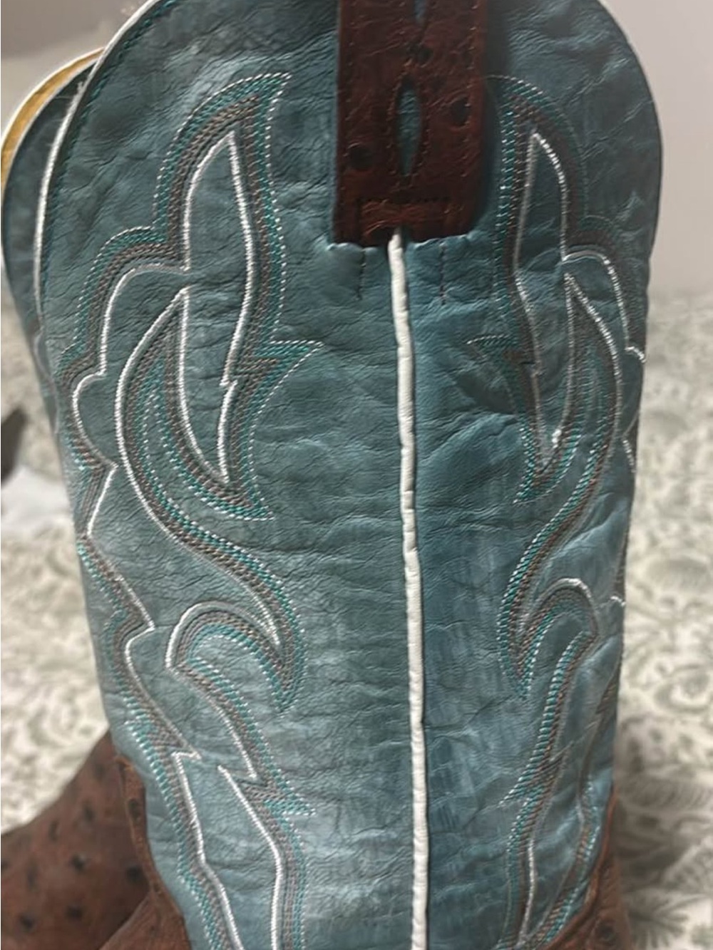 Women’s Brown Ostrich Leather Western Boots with Teal Shaft - Picture 6 of 7
